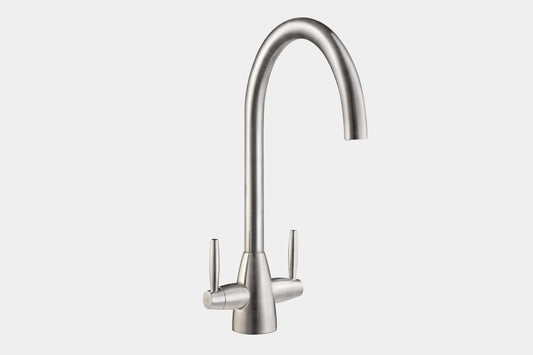 Carysil HS935 Twin Lever Tap Swan-Neck Kitchen Tap Brushed Steel